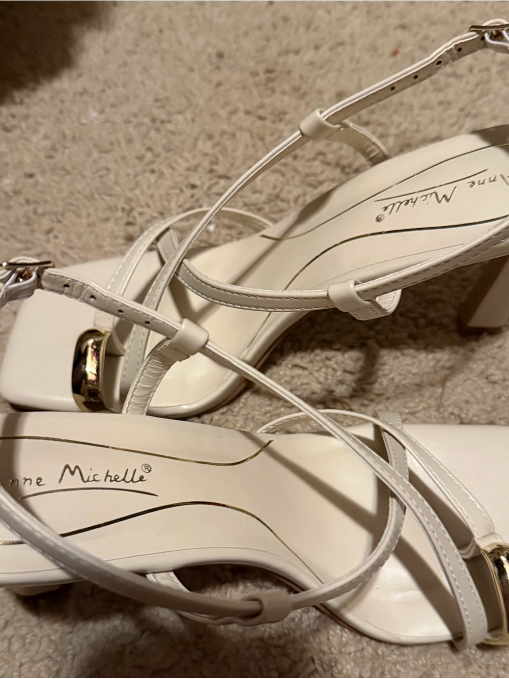 Anne Michelle Cream Strappy Block Heels with Gold Accent - Picture 4 of 6